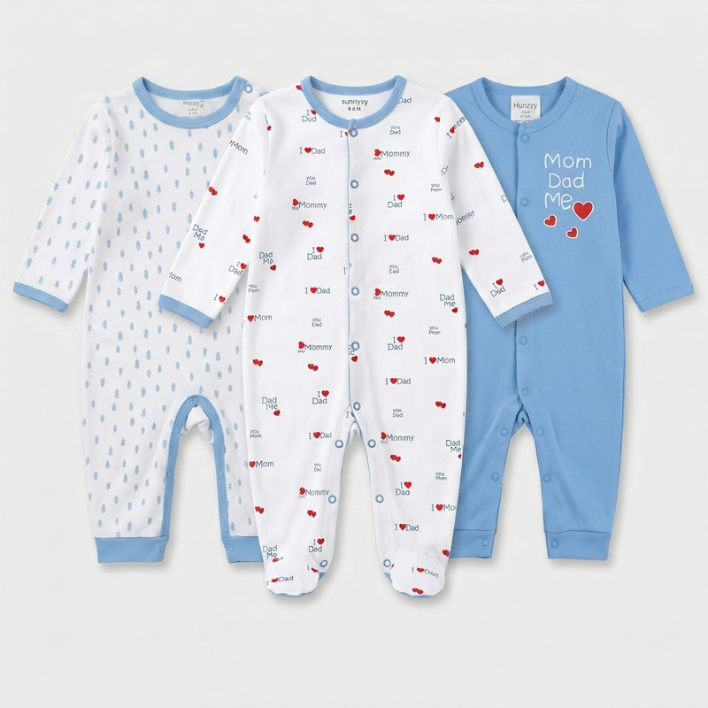 Pack-3 Baby Boys Long-Sleeve Cotton Romper Set Blue & White Zubaidas