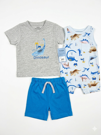 3-Piece Baby Boy Little Dinosaur Summer Set Grey Tee Blue Shorts and Printed Romper Zubaidas - View 2