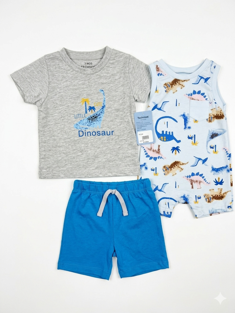3-Piece Baby Boy Little Dinosaur Summer Set Grey Tee Blue Shorts and Printed Romper Zubaidas