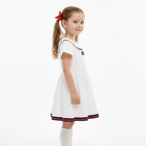 Girls White Sailor Collar Dress with Bow