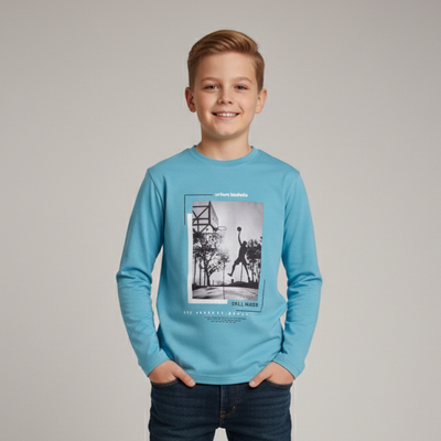 Boys' Crew Neck Long-Sleeve Shirt with Basketball Print Zubaidas