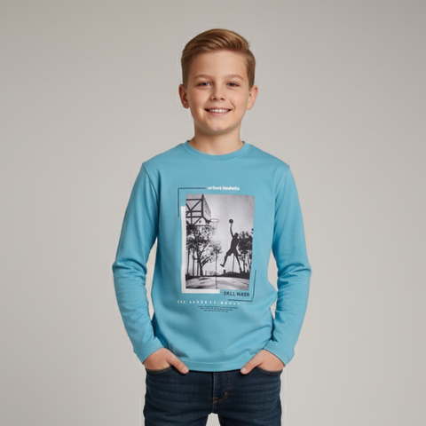 Boys' Crew Neck Long-Sleeve Shirt with Basketball Print Zubaidas