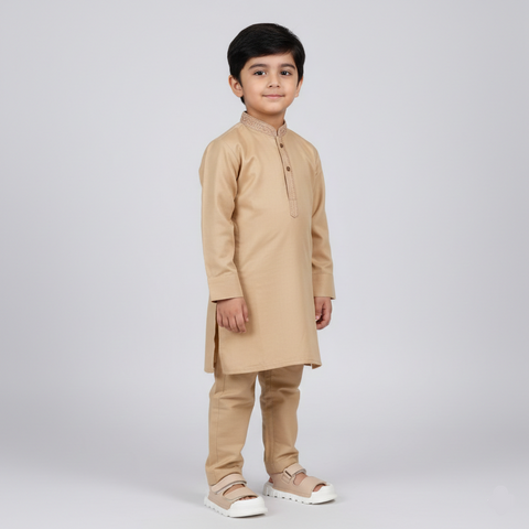 Boys Premium Cotton Kurta Pajama Set Camel Brown Traditional Wear Zubaidas