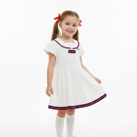 Girls White Sailor Collar Dress with Bow