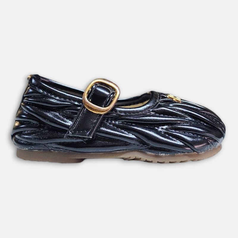 Spring Autum Girl Pump Black Pleated Texture PU Leather