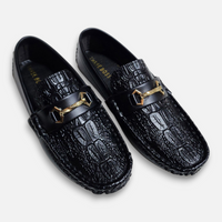 Boys Black Leather Loafer Shoes crocodile texture - View 3