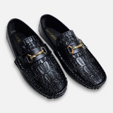 Boys Black Leather Loafer Shoes crocodile texture