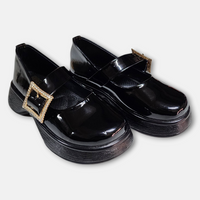 Girl Glossy Black Shoes Golden Buckle - View 2