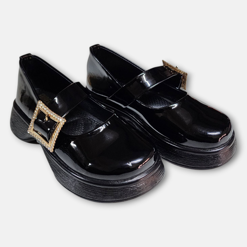 Girl Glossy Black Shoes Golden Buckle