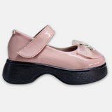 Girls Pink Glossy Loafers with Bow