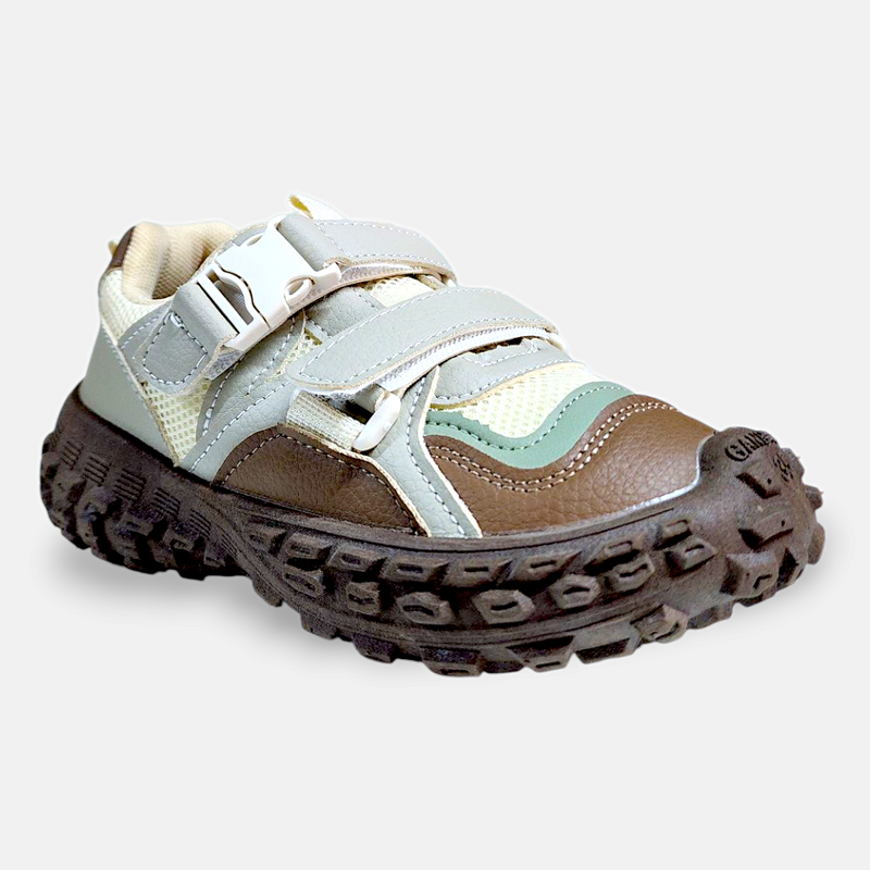Boys Sneakers Buckle Strap Brown & Grey
