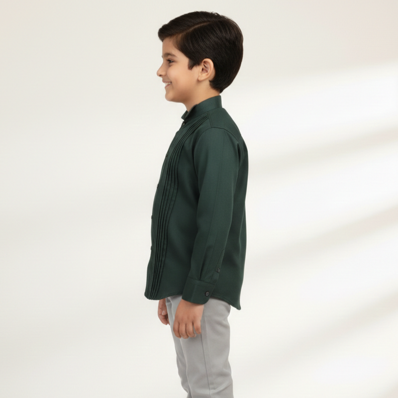 Kids' Dark Green Mandarin Collar Shirt with Vertical Pleats Zubaidas