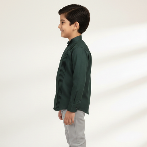 Kids' Dark Green Mandarin Collar Shirt with Vertical Pleats Zubaidas
