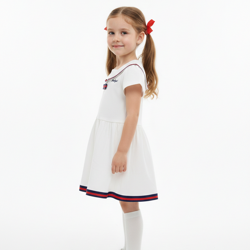 Girls White Sailor Collar Dress with Bow Zubaidas