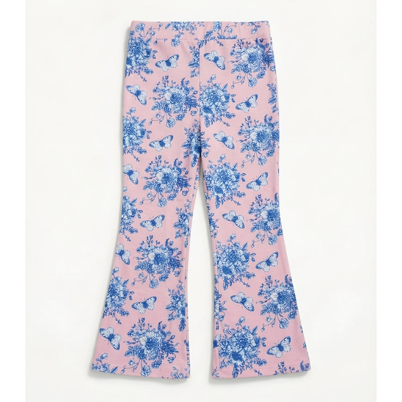 Girls' Pink Floral and Butterfly Print Flared Leggings Zubaidas