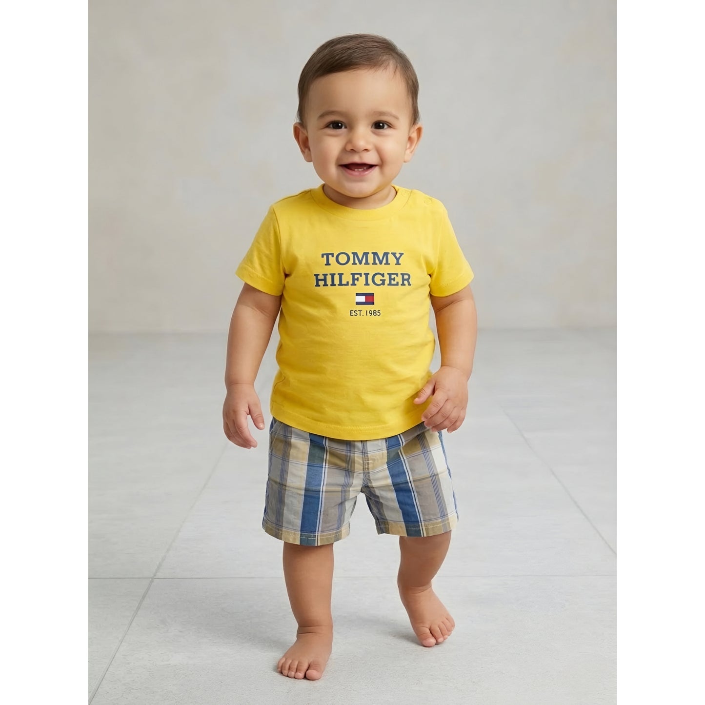 Baby Boys' 2-Piece Short Set – Yellow Graphic T-Shirt & Plaid Shorts Zubaidas