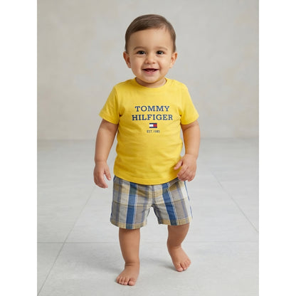 Baby Boys' 2-Piece Short Set – Yellow Graphic T-Shirt & Plaid Shorts Zubaidas
