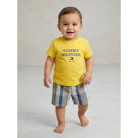 Baby Boys' 2-Piece Short Set – Yellow Graphic T-Shirt & Plaid Shorts Zubaidas