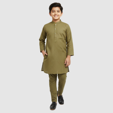 Boys' Premium Olive Green Cotton Kurta Set Stylish Zubaidas