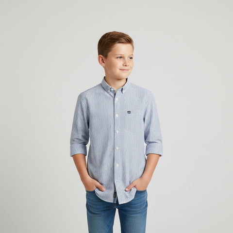 Boys Slim-Fit Oxford Striped Button Down Shirt Blue & White Vertical Stripes Zubaidas