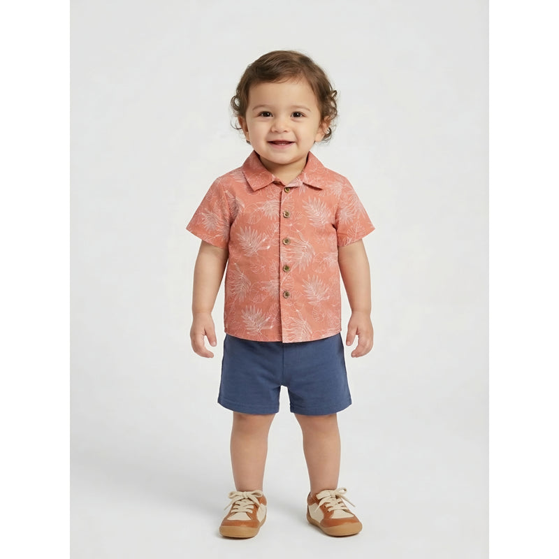 Toddler Boy 2-Piece Tropical Print Button-Down Shirt and Blue Shorts Set Zubaidas