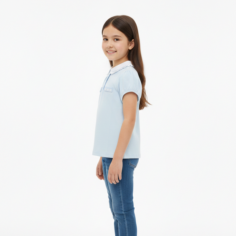 Girls' Light Blue Floral Detail Polo with Puff Sleeves Zubaidas