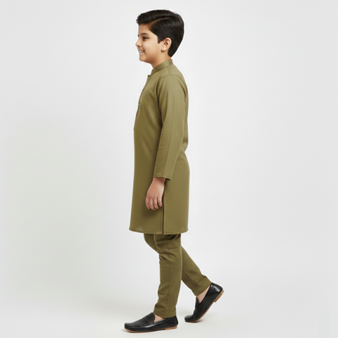 Boys' Premium Olive Green Cotton Kurta Set Stylish Zubaidas
