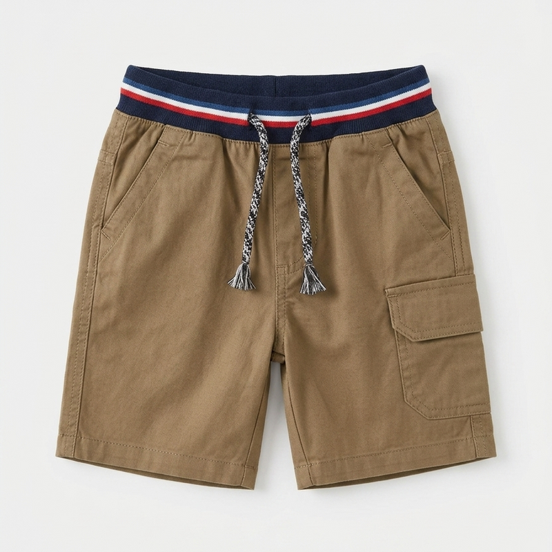 Kids Cotton Cargo Shorts with Striped Elastic Waistband Khaki Zubaidas