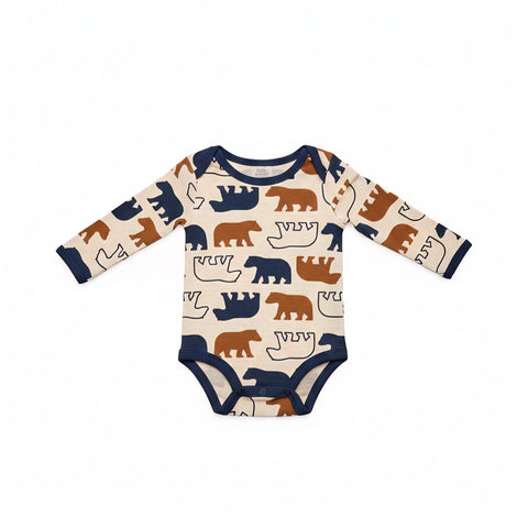 Little Bear All Over Print Long-Sleeve Cotton Bodysuit – Oatmeal & Navy