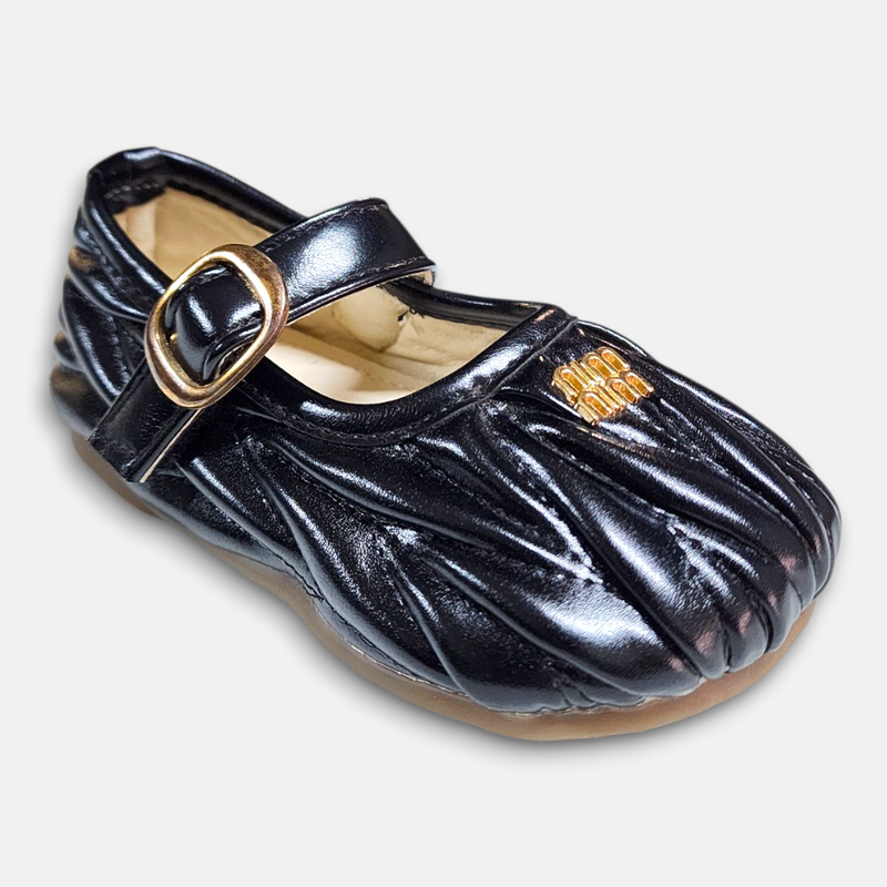 Spring Autum Girl Pump Black Pleated Texture PU Leather