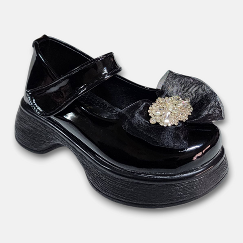 Girls Black Glossy Loafers with Bow