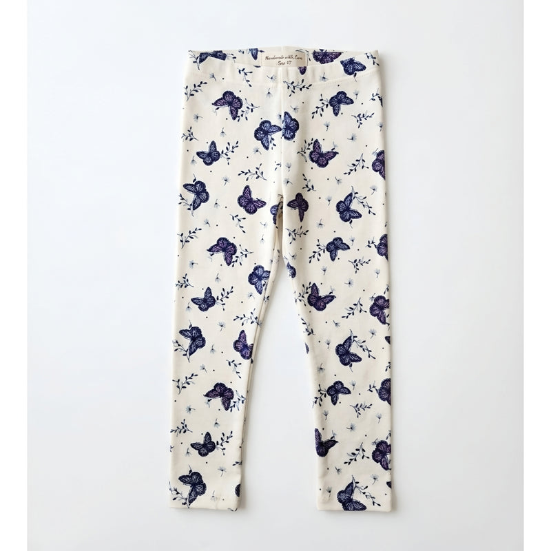 Girls' Butterfly Print Cotton Leggings – White & Purple Zubaidas