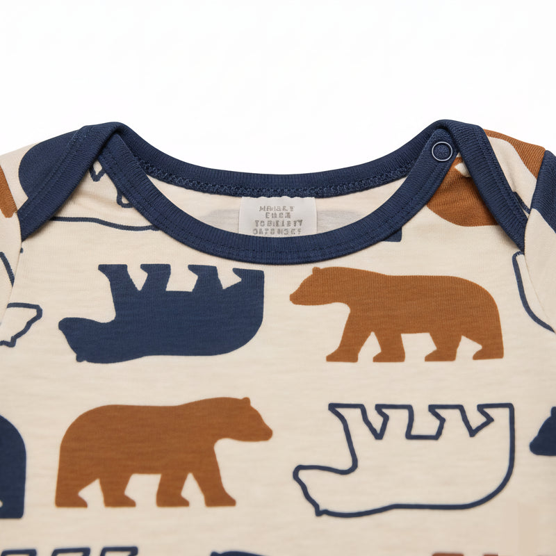 Little Bear All Over Print Long-Sleeve Cotton Bodysuit – Oatmeal & Navy