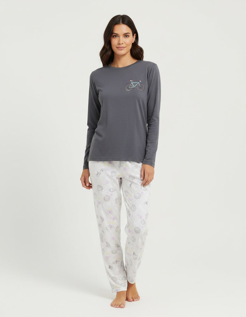Women's Long Sleeve Cotton Blend Pajama Set Charcoal Bicycle Zubaidas