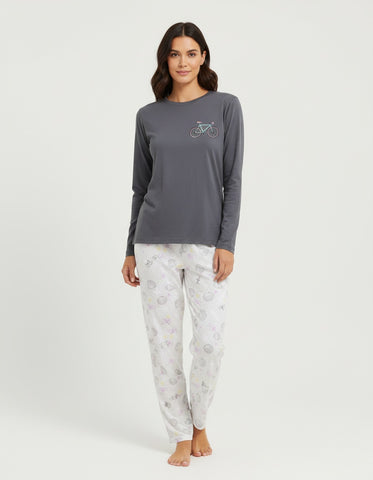 Women's Long Sleeve Cotton Blend Pajama Set Charcoal Bicycle Zubaidas