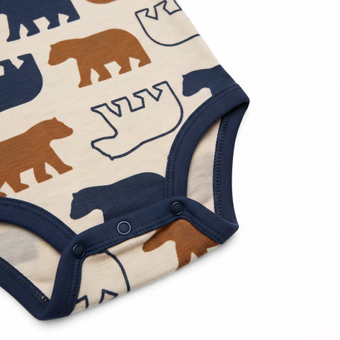 Little Bear All Over Print Long-Sleeve Cotton Bodysuit – Oatmeal & Navy