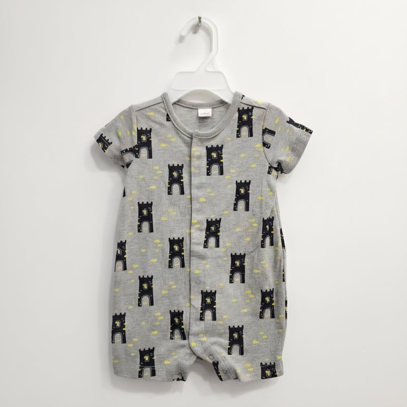 Playful Castle Print Baby Romper – Soft Gray Cotton Blend