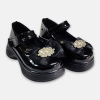 Girls Black Glossy Loafers with Bow - View 2