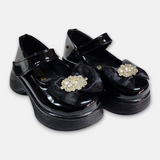 Girls Black Glossy Loafers with Bow