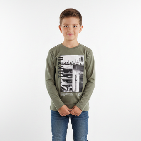 Boys Long Sleeve Olive Cotton Tokyo Graphic Print Zubaidas