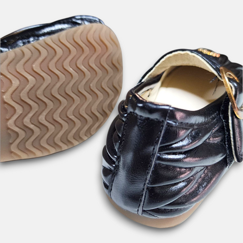 Spring Autum Girl Pump Black Pleated Texture PU Leather
