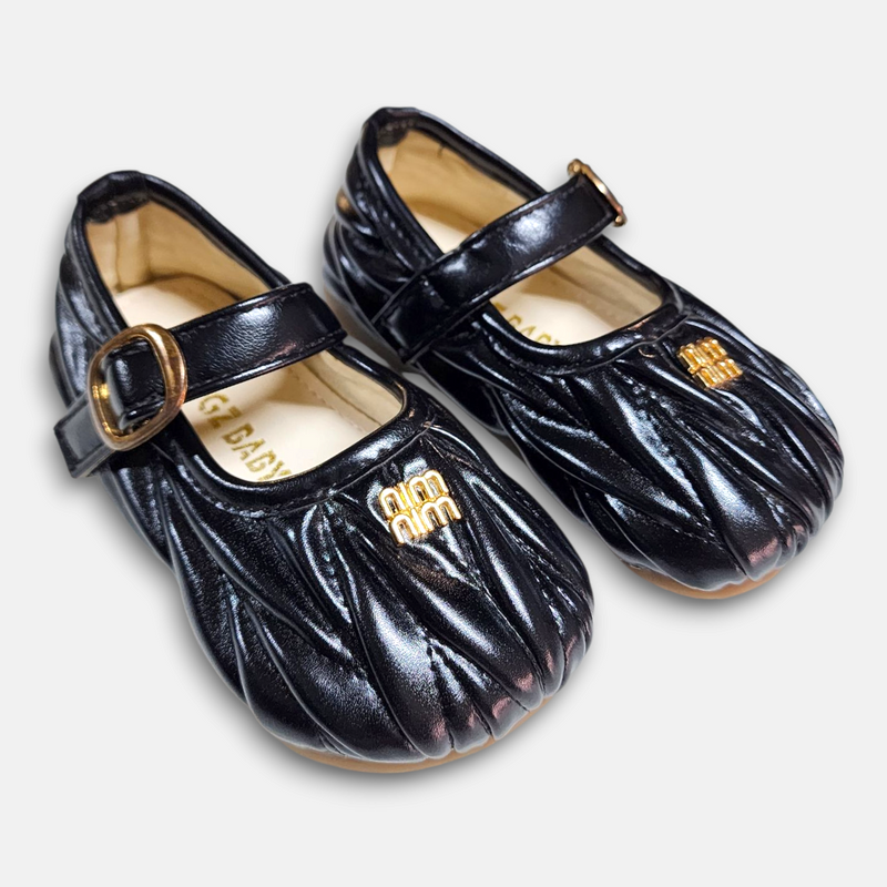 Spring Autum Girl Pump Black Pleated Texture PU Leather