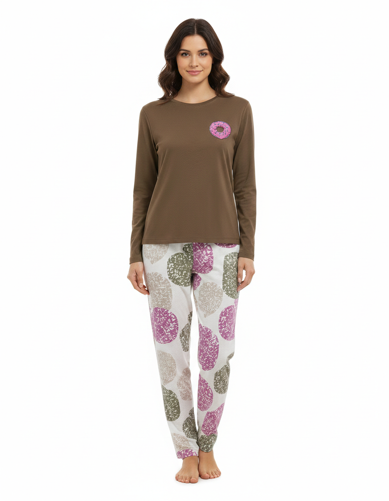 Women’s Long Sleeve Donut Patch Pajama Set Brown Zubaidas