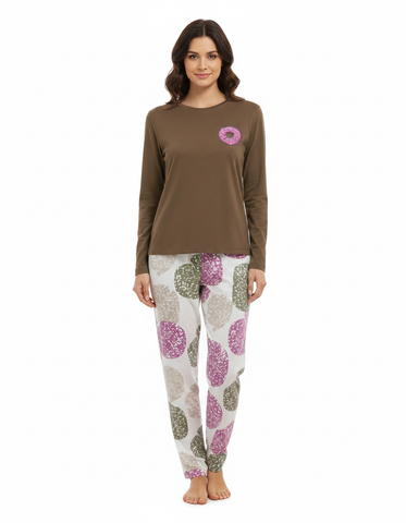 Women’s Long Sleeve Donut Patch Pajama Set Brown Zubaidas