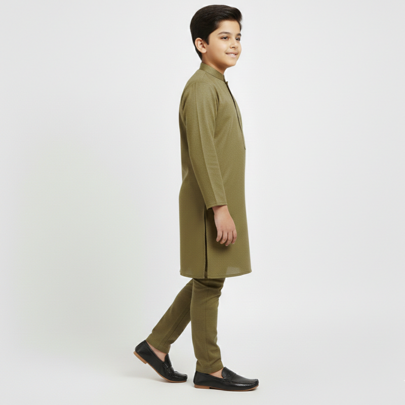 Boys' Premium Olive Green Cotton Kurta Set Stylish Zubaidas