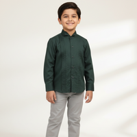 Kids' Dark Green Mandarin Collar Shirt with Vertical Pleats Zubaidas - View 1