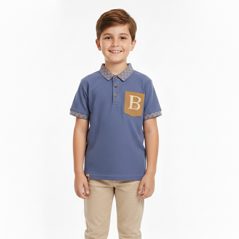 Boys' Waffle Knit Polo Shirt with Contrast Pocket Slate Blue Zubaidas