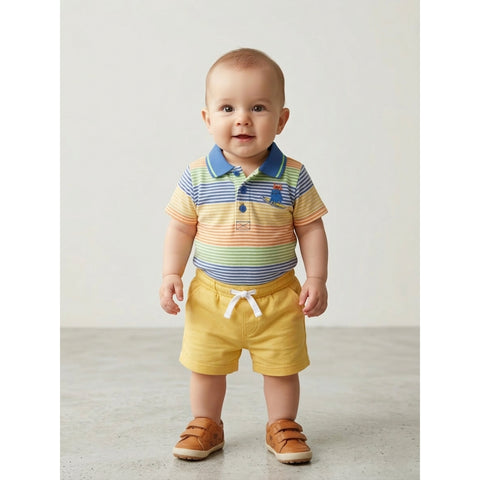 Baby Boy 2-Piece Summer Set Multi-Color Striped Polo & Yellow Shorts Zubaidas