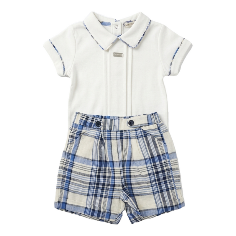 Baby Boy 2-Piece White Polo & Blue Plaid Shorts Set Zubaidas