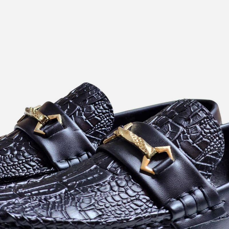 Boys Black Leather Loafer Shoes crocodile texture